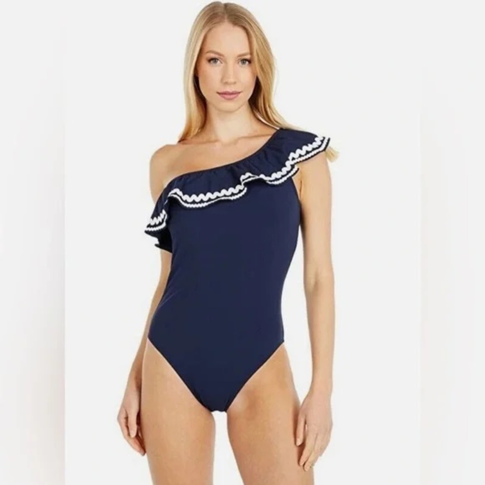 J.Crew One-Shoulder Ruffle One Piece Swim Suit Navy Blue Womens Size 8